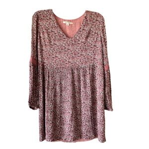 mi ami Babydoll Mini Dress, Sz. M, Pink w/ White Floral Print, Lined, Lg Sleeves